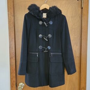 Croft & Barrow Women's Black Hooded Toggle Coat with Faux Fur